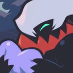  &lt;3 ambiguous_gender black_body blue_eyes chibi crescent_moon cute darkrai digital_media_(artwork) eyes_closed hair happy holding_object legendary_pok&eacute;mon low_res moon night nintendo oekaki pillow pok&eacute;mon pok&eacute;mon_(species) solo video_games white_hair zaikudo 