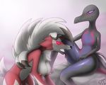  2017 anthro big_breasts blush breasts canine coolish-kor erect_nipples female female/female flat_chested fur hand_on_head hi_res hypnosis lizard lycanroc mammal midnight_lycanroc mind_control nintendo nipples nude pok&eacute;mon pok&eacute;mon_(species) pussy pussy_juice reptile salazzle scalie spiral_eyes spread_legs spreading tongue tongue_out video_games white_fur 