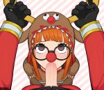  1boy 1girl afrobull antlers glasses gloves hetero irrumatio looking_up oral orange_hair penis persona persona_5 pov red_nose tagme uncensored 