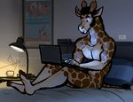  2017 5_toes anthro barefoot bed bedroom bgn biped black_eyebrows black_eyes black_hair body_hair brown_fur brown_spots brown_tail chest_hair computer derrick_(bgn) detailed_background digital_media_(artwork) dot_eyes eyebrows feet fur giraffe hair humanoid_feet inside lamp laptop male mammal multicolored_fur multicolored_tail nude on_bed pillow poster raised_eyebrow signature snout soles solo spots spotted_fur tail_tuft tan_fur tan_tail toes tuft two_tone_fur two_tone_tail url white_fur 