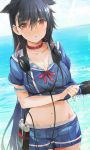  1girl animal_ears ashigara_(azur_lane) azur_lane black_hair cellphone collar headphones long_hair midriff navel phone red_eyes skirt solo tetsujin_momoko walkman wet wet_clothes 