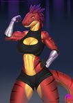  2017 abs anthro bandage breasts cleavage clothed clothing dinosaur doomthewolf feathered_dinosaur female flexing lenalia muscular muscular_female patreon raptor shirt shorts solo stripes theropod 