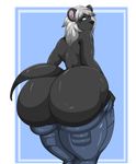  anthro big_butt black_fur blue_eyes butt clothing digital_media_(artwork) fur hair huge_butt looking_back male mammal mustelid oppaioppaioppai otter silver_hair simple_background solo steph_ulloa thick_thighs voluptuous wide_hips 