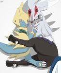  2016 3_toes ambiguous_gender blue_fur blush canine chimera claws cute duo featureless_crotch feral fur hi_res hug hybrid looking_at_viewer lying mammal manectric nintendo on_side pawpads paws pok&eacute;mon pok&eacute;mon_(species) silvally simple_background smile toes tongue tongue_out video_games white_background white_fur winick-lim 