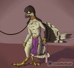  2017 anklet anthro avian bird blush brown_feathers clothing collar digital_media_(artwork) feathered_wings feathers hawk hi_res jewelry leash lief_woodcock loincloth male orange_eyes slave solo sparrowhawk standing tan_feathers theandymac wings 