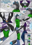  2017 animal_genitalia anthro canine clothed clothing comic digital_media_(artwork) duo erection fur hair knot male male/male mammal peeing penis simple_background urine watersports wolf wolfi-hitory 