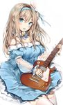  anmi_(style) bangs bare_shoulders blue_dress blue_eyes blue_ribbon blush breasts brown_hair closed_mouth commentary_request cowboy_shot dress electric_guitar eyebrows_visible_through_hair girls_frontline guitar hair_between_eyes hair_ribbon hairband highres holding holding_instrument instrument long_hair long_sleeves looking_at_viewer medium_breasts mouth_hold off-shoulder_dress off_shoulder one_side_up plectrum ribbon silver_(chenwen) simple_background solo suomi_kp31_(girls_frontline) thighhighs thighs tsurime white_background white_legwear zettai_ryouiki 