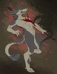  2017 4_fingers 4_toes abstract_background ambiguous_gender anthro attack biped blood blood_splatter blue_eyes cheek_tuft chest_tuft claws countershading crotch_tuft digital_sketch_(artwork) digitigrade dipstick_tail duo fear feral front_view full-length_portrait fur grey_fur hi_res holding_object holding_weapon jumping keel kel leaping looking_at_another male mane markings melee_weapon multicolored_tail nude on_one_leg outside pain paws polearm portrait sergal shadow signature silhouette simple_background solo_focus spear standing stumbling surprise tail_tuft talyxian toe_claws toes tuft two_tone_tail unknown_species vilous_universe weapon whinges wounded yellow_markings 