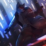  2017 4_toes 5_fingers anthro barefoot canine clothed clothing detailed_background digital_media_(artwork) digitigrade dog holding_object holding_weapon husky koul lightsaber male mammal red_eyes solo star_wars toes weapon 