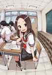  :d absurdres arm_at_side black_legwear black_skirt blush book brown_eyes brown_hair chair chalkboard classroom desk fisheye forehead from_side hand_up highres indoors karakai_jouzu_no_takagi-san kneehighs long_hair looking_at_viewer looking_to_the_side open_book open_mouth pen pencil_case perspective pleated_skirt red_neckwear school_chair school_desk school_uniform serafuku shelf shirt shoes short_sleeves sitting skirt smile solo_focus takagi-san tareme uwabaki white_footwear white_shirt yamamoto_souichirou 