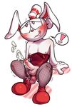  ! &lt;3 &lt;3_eyes balls blush bunny_costume bunny_ears_(disambiguation) clothed clothing costume crossdressing cum cumshot cuphead_(character) cuphead_(game) dildo ejaculation fishnet humanoid lizardbat_(artist) nipples not_furry object_head orgasm penis prostitution sex_toy solo uncut vibrator 