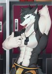  abs anthro athletic biceps big_muscles black_fur blue_eyes cellphone claws clothed clothing discordnight dog_tags drooling fur grey_fur hair hi_res iphone male mammal muscular muscular_male obliques open_mouth pecs phone saliva selfie sergal solo tongue topless triceps ty_arashi white_fur 