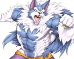  2017 abs anthro belt biceps big_muscles black_nose blue_fur canine captainjohkid chest_tuft claws clothed clothing darkstalkers fangs flakjacket0204 fur hi_res jon_talbain male mammal muscular obliques open_mouth pants pecs simple_background solo standing teeth tongue topless triceps tuft video_games were werewolf white_background white_fur wolf yellow_eyes 