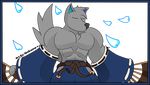  2017 abs anji_mito_(character) anthro belt biceps canine clothed clothing digital_media_(artwork) english_text fur grey_fur guilty_gear hair hi_res japanese_clothing kimono male mammal muscular notkastar_(artist) partially_clothed sketch tagme text wolf zatch_(character) 