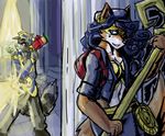  anthro big_breasts blaster breasts canine carmelita_fox clothed clothing cosplay duo female fox fur gem hair heist male mammal manpersonguy mrease museum police procyonid raccoon role_reversal sly_cooper sly_cooper_(series) smile staff stealing video_games weapon 