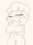  anthro big_breasts black_and_white breasts caprine eyelashes featureless_crotch female mammal monochrome navel nipple_bulge one_eye_closed sheep smile solo try_to_date_animals unknown_artist wool 
