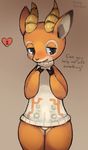  &lt;3 ? animal_crossing antelope anthro beau_(animal_crossing) big_ears blush bottomless clothed clothing cute dialogue english_text erection featureless_crotch female half-closed_eyes honeycalamari horn long_ears looking_away mammal nintendo open_mouth shy solo standing text thick_thighs tongue video_games 