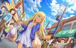  aqua_eyes artist_request bag bangs blonde_hair blue_sky child cloud collarbone dark_skin day dress dutch_angle faceless food groceries grocery_bag holding hood hoodie idolmaster idolmaster_cinderella_girls idolmaster_cinderella_girls_starlight_stage layla_(idolmaster) long_hair long_sleeves looking_to_the_side multiple_boys multiple_girls official_art open_mouth outdoors parted_bangs road shop shopping_bag sign sky smile spring_onion sunlight 