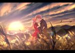  1girl brown_hair china_dress chinese_clothes closed_eyes couple day dress floating_hair from_side gintama hair_between_eyes hair_bun hetero kagura_(gintama) kiss lens_flare long_hair okita_sougo outdoors red_dress standing sun twintails yamawasabi3 