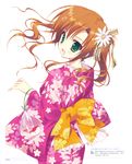  absurdres animal bangs brown_hair eyebrows_visible_through_hair fang fish floral_print green_eyes hair_ornament hairclip hana_x_hana highres japanese_clothes kimono narumiya_hana official_art open_mouth page_number ryouka_(suzuya) scan simple_background smile twintails white_background wide_sleeves 