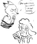  absurd_res angry anthro black_and_white black_nose canine caprine cd clothing dawn_bellwether dialogue disney english_text eyewear fox glasses hi_res holding_object hooves kidz_bop mammal monochrome nick_wilde rope sheep text thelittlemetermaid wool zootopia 