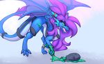  2017 claws digital_media_(artwork) dragon female feral green_eyes hair membranous_wings oksara open_mouth purple_hair simple_background solo teeth tongue wings 