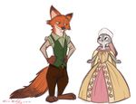  2016 3_toes anastasia_(film) anthro belt black_nose canine cheek_tuft clothed clothing crossover digital_drawing_(artwork) digital_media_(artwork) dipstick_ears dipstick_tail disney dress duo ears_down female fox fur grey_fur half-closed_eyes hands_on_hips judy_hopps lagomorph looking_at_another male mammal multicolored_tail nick_wilde orange_fur pink_nose rabbit signature simple_background smile speakfriendandenter toes tuft vest white_background zootopia 