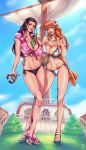  2girls arm_on_head beer_bottle black_hair blue_eyes border breasts cleavage collarbone flower hair_flower hair_ornament hat large_breasts long_hair looking_at_viewer multiple_girls nami_(one_piece) nico_robin one_piece orange_hair sky straw_hat toy upper_body white_border 