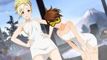  ;) blonde_hair blue_eyes blue_sky breasts brown_hair cleavage collarbone day dutch_angle hair_between_eyes hair_ornament hands_on_hips hands_on_lap high_ponytail highres leaning_forward looking_at_viewer mercy_(overwatch) mount_fuji multiple_girls naked_towel one_eye_closed overwatch shiny shiny_skin short_hair sky small_breasts smile standing towel tracer_(overwatch) white_towel 