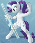  2014 angry blue_eyes brian_mcpherson cutie_mark equine eyelashes featureless_crotch female fighting_stance friendship_is_magic horn magic mammal martial_arts my_little_pony ponytail rarity_(mlp) semi-anthro side_view simple_background solo staff unicorn weapon 