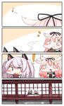  0_0 4koma animal_ears azur_lane bangs black_ribbon black_shirt blush comic commentary crossover drooling eating eighth_note eyebrows_visible_through_hair fake_animal_ears food grey_hair hair_between_eyes hair_censor hair_ribbon highres holding holding_food kantai_collection kotatsu long_hair musical_note namesake outdoors pink_hair remodel_(kantai_collection) ribbon saliva scarf shirt short_eyebrows short_sleeves silent_comic sweat sweet_potato table thick_eyebrows two_side_up v-shaped_eyebrows veranda very_long_hair white_scarf wolf_ears yagami_kamiya yuudachi_(azur_lane) yuudachi_(kantai_collection) 