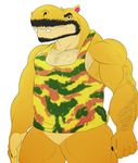  abrahamsillo animal_crossing anthro arm_hair beard body_hair bottomless camo chest_hair clothed clothing facial_hair front_view harry_(animal_crossing) hippopotamus looking_at_viewer male mammal muscular nintendo shirt solo tank_top teeth video_games white_skin yellow_skin 