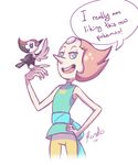  2016 alien avian beak bird blue_eyes cartoon_network clothed clothing crossover dialogue duo english_text eviart female forehead_gem gem_(species) hair hi_res humanoid nintendo open_mouth pearl_(steven_universe) pikipek pink_hair pok&eacute;mon pok&eacute;mon_(species) simple_background size_difference smile speech_bubble steven_universe text video_games white_background 