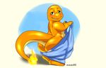  2017 anthro anus big_butt blush butt charmander digital_drawing_(artwork) digital_media_(artwork) fan_character flaming_tail hadou hi_res looking_at_viewer male naked_towel nintendo overweight overweight_male pok&eacute;mon pok&eacute;mon_(species) satsui-n0-had0u side_view simple_background smile solo standing towel video_games 