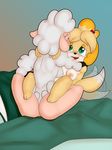  2017 animal_crossing anthro bed blush breasts caprine dipstick_tail duo female female/female fur green_eyes hi_res interspecies isabelle_(animal_crossing) leggy_lamb mammal multicolored_tail nintendo nipples nude on_bed open_mouth open_smile paoguu rear_view sheep simple_background sitting smile tailwag tongue tongue_out video_games white_fur yellow_fur 
