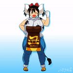  :d animal_humanoid animated apron big_breasts bouncing_breasts bovine breasts brown_hair cattle clothed clothing cow_humanoid cow_print female footwear gloves hair hair_ribbon hand_on_hip hataraki_ari horn humanoid jeans mammal one_eye_closed open_mouth pants ribbons sandals shirt short_hair smile solo sukimi_(hataraki) tail_tuft tuft wink yellow_eyes 