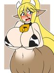  2017 big_breasts blonde_hair blue_eyes blush breasts centaur centorea_shianus_(monster_musume) cowbell equine equine_taur female hair hi_res kloudmutt long_hair looking_at_viewer mammal monster_musume navel open_mouth solo taur 