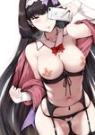  absurdres areola_slip areolae bandaid bandaids_on_nipples bangs black_hair black_panties blush breasts breath cellphone collarbone eyebrows_visible_through_hair fate/grand_order fate_(series) garter_belt hand_up heart heart_cutout hews_hack highres huge_filesize iphone large_breasts long_hair navel osakabe-hime_(fate/grand_order) paid_reward panties parted_lips pasties patreon_reward phone purple_eyes self_shot simple_background smartphone smile solo thighs uncensored underwear white_background 