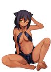  absurdres arm_up bare_legs barefoot black_hair braid brooch closed_mouth dark_skin feet full_body hair_between_eyes hair_flaps halterneck hand_on_own_head highres jahy jahy_sama_wa_kujikenai jewelry konbu_wakame long_hair looking_at_viewer midriff navel o-ring o-ring_top official_art one_eye_closed short_shorts shorts sidelocks simple_background sitting slit_pupils soles solo toes white_background yellow_eyes 