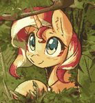  2017 blush digital_media_(artwork) equestria_girls equine female grass hair horn jewelry jungle leaves mammal mirroredsea multicolored_hair my_little_pony nature necklace outside pixel_(artwork) smile solo solo_focus sunset_shimmer_(eg) teal_eyes tree two_tone_hair unicorn 