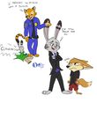  2016 4_fingers absurd_res annoyed anthro benjamin_clawhauser black_nose brown_eyes canine cheetah clothed clothing crossed_arms dialogue disney english_text feline fennec finnick fox fur grey_fur hi_res hidden_mickey inner_ear_fluff jack_savage lagomorph looking_at_another looking_down male mammal necktie open_mouth open_smile orange_fur oversized_clothing police_uniform quirky-middle-child rabbit simple_background smile smug spots spotted_fur striped_tail stripes suit tan_fur text uniform white_background zootopia 