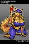  2017 amber_eyes anthro big_breasts breasts canine carmelita_fox cleavage clothed clothing ear_piercing english_text female fox gloves gun handgun high_heeled_boots holding_object holding_weapon huge_breasts kneeling looking_at_viewer mammal midriff navel nipple_bulge open_jacket piercing pistol ranged_weapon renthedragon sly_cooper_(series) smile solo text video_games weapon 