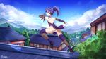  animal building cat clouds elbow_gloves gloves landscape long_hair ninja panties ponytail purple_hair rizihike scenic signed sky tagme_(character) thighhighs tree underwear yellow_eyes 