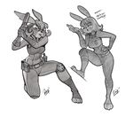  3_toes anthro armor carrot carrot_pen clothing disney english_text eyelashes female food greyscale gun hair handgun hi_res holding_object holding_weapon judy_hopps kneeling lagomorph looking_at_viewer mammal monochrome open_mouth pistol police_uniform rabbit ranged_weapon reiq signature simple_background sketch text toes uniform vegetable weapon white_background zootopia 