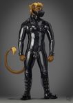  2017 balls bdsm bondage boots bound chastity clothing collar deusexmoose feline footwear lion male mammal muzzle_(object) muzzled penis rubber signature simple_background solo standing 