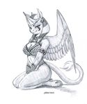  2017 anthro anthrofied baron_engel bra bracelet breasts cleavage clothed clothing crown feathered_wings feathers female friendship_is_magic full-length_portrait greyscale jewelry kneeling looking_at_viewer mammal monochrome my_little_pony panties paws pencil_(artwork) portrait simple_background smile solo sphinx sphinx_(mlp) tiara traditional_media_(artwork) underwear white_background wings 