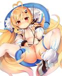  :o ahoge ass azur_lane bad_id bad_twitter_id bangs blonde_hair breasts cable covered_navel covered_nipples detached_sleeves eldridge_(azur_lane) electricity hair_ornament heart_ahoge highres kedama_milk long_hair long_sleeves looking_at_viewer lying on_back partially_visible_vulva red_eyes see-through shoes simple_background small_breasts solo spread_legs thighhighs twintails very_long_hair wedgie white_background white_legwear 