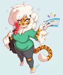  2017 anthro bag buxbi buxbi_(character) clothed clothing feline female fully_clothed hair mammal pink_nose simple_background smile solo stripes ticket tiger torn_clothing white_hair yellow_eyes 