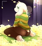  anthro asriel_dreemurr boss_monster bubble_butt butt camera caprine clothed clothing cub flower fully_clothed fur goat green_eyes long_ears looking_back male mammal plant sagemerric sitting solo undertale video_games white_fur young 