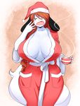  2017 anthro beverage big_breasts breasts brown_hair canine christmas cleavage clothed clothing coffee cup cute dog eyes_closed female fur hair holidays holly_applebee huge_breasts mammal mature_female mother open_mouth parent solo theycallhimcake thick_thighs voluptuous white_fur wide_hips yawn 